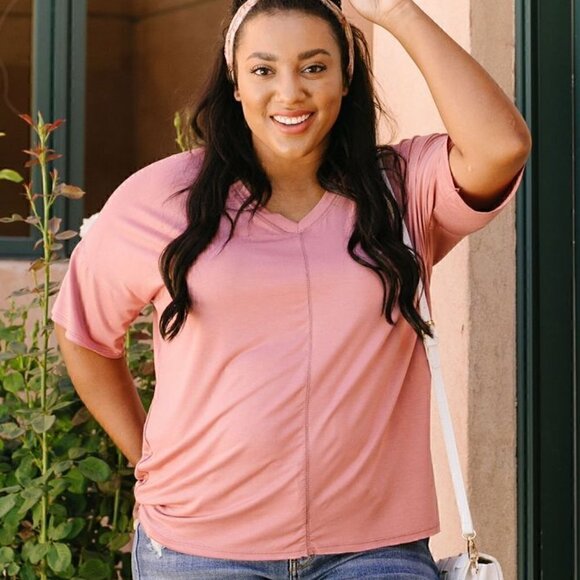 143 Story Dusty Rose V-Neck Top w/ Stitch Detail - Picture 4 of 4